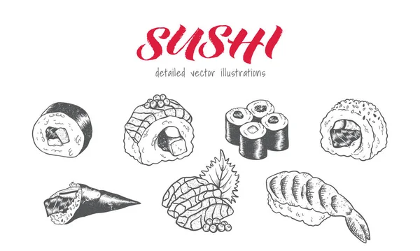 Bonito Sushi Desenhado Mão Design Esboço Elementos Doodle Ótimo Para —  Vetores de Stock