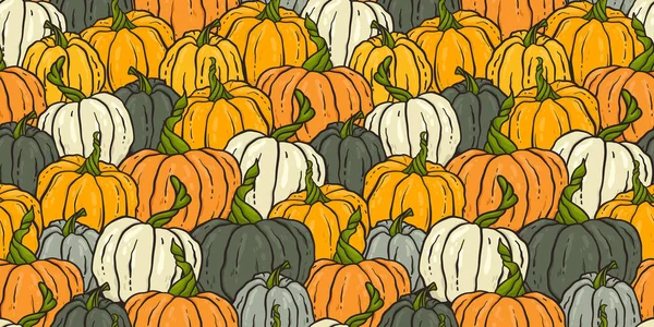 Graziosa Zucca Disegnata Mano Modello Orizzontale Senza Cuciture Zucche Disegnate — Vettoriale Stock