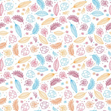 Şirin el çizimleri botanik desensiz, egzotik yapraklar karalamak, yaz tekstil ürünleri, afişler, duvar kağıtları, ambalajlar - vektör