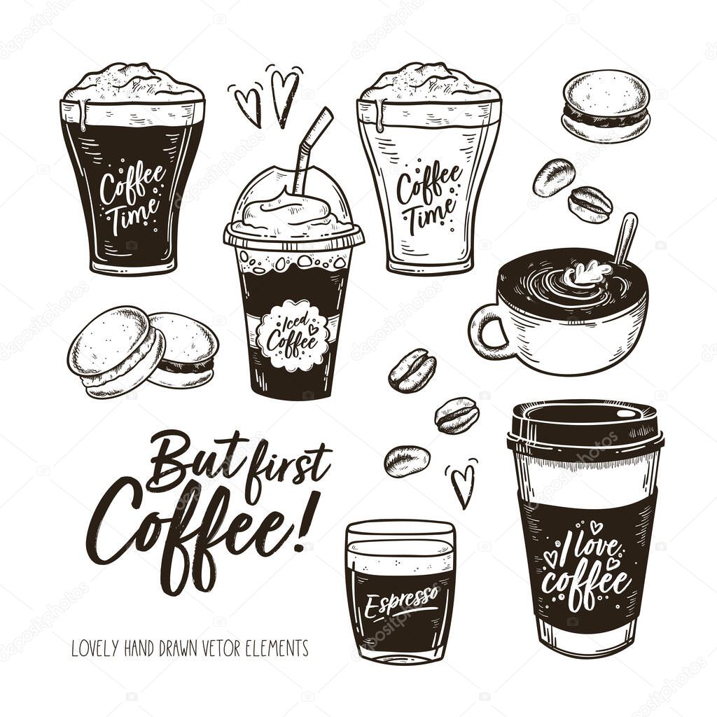 Lovely hand drawn coffee elements with nice toppings and cute mugs - vector design