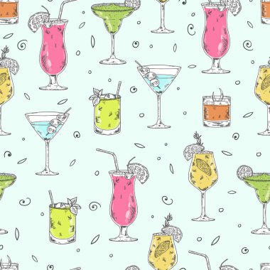 Eğlenceli el çizimi kokteyller kusursuz desen, afişler, tekstil, duvar kağıtları, ambalaj - vektör tasarımı için harika.