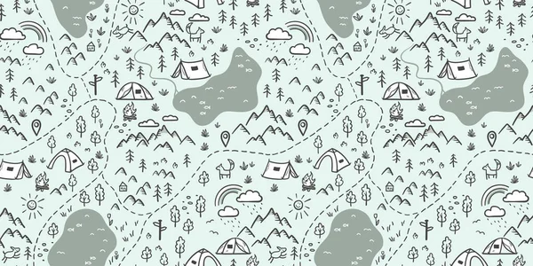 Симпатичный Нарисованный Вручную Векторный Безseamless Узор Кемпингами Палатками Пейзажами Тропами — стоковый вектор