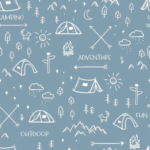 Cute Hand Drawn Vector Seamless Pattern Camping Doodles Tents Landscape — Vettoriale Stock