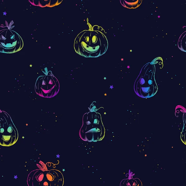 Mignon Motif Sans Couture Halloween Dessiné Main Avec Des Citrouilles — Image vectorielle