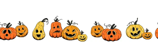 Mignon Motif Sans Couture Halloween Dessiné Main Avec Des Citrouilles — Image vectorielle