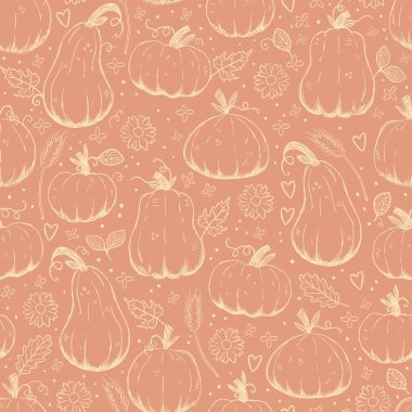 Güzel kabak Halloween Şükran Dikişsiz desen, Sevimli karikatür kabaklar el çizilmiş arka plan, mevsimlik Tekstil baskılar, tatil afiş, arka planında veya duvar kağıtları için büyük-vektör yüzey