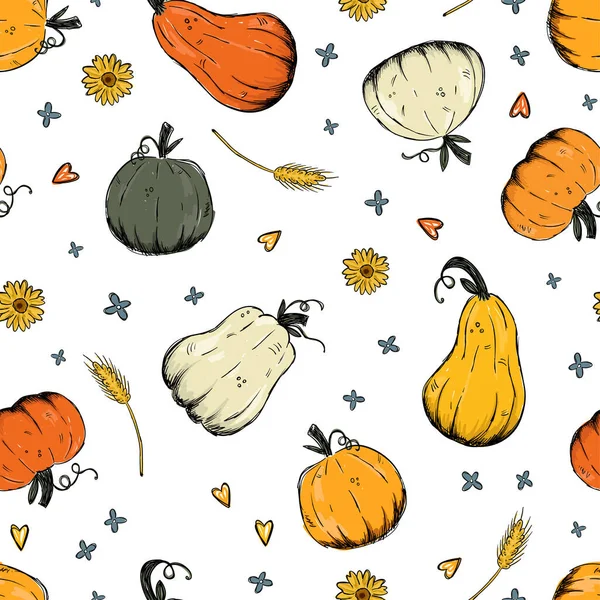 Mooie Pompoen Halloween Thanksgiving Naadloze Patroon Cute Cartoon Pompoenen Hand — Stockvector
