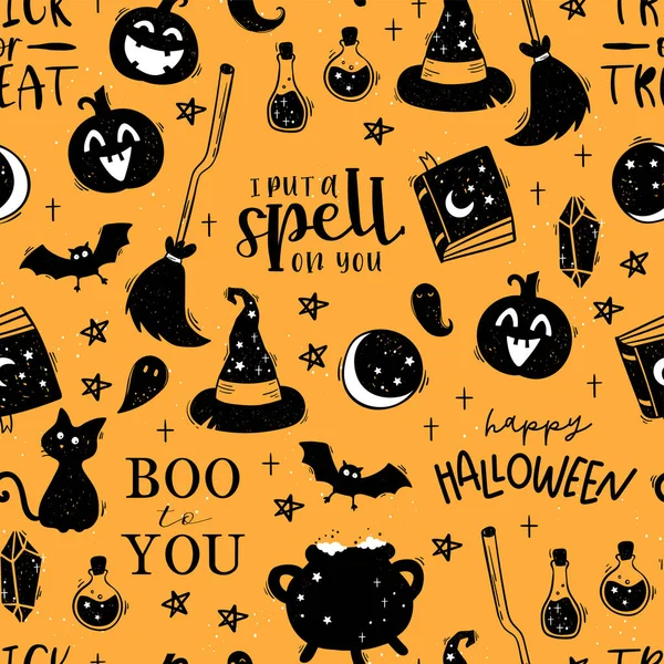 Cute Strony Rysowane Halloween Bezszwowy Wzór Kolorowe Tło Doodle Idealne — Wektor stockowy