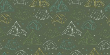 Hand drawn camp tents seamless pattern, outdoor, great for textiles, banners, wallpapers - vector design