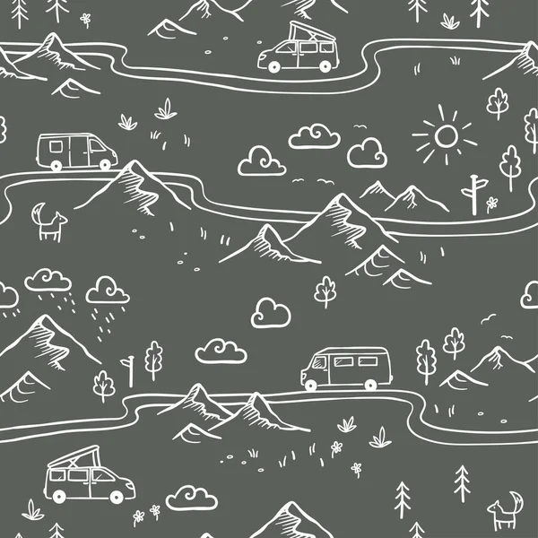 Road Trip Seamless Pattern Doodle Camper Vans Vanlife Adventure Great —  Vetores de Stock