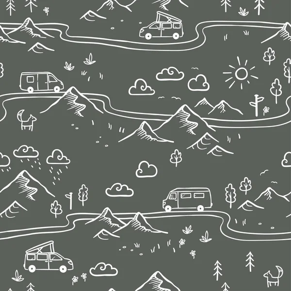 Road Trip Seamless Pattern Doodle Camper Vans Vanlife Adventure Great — Image vectorielle