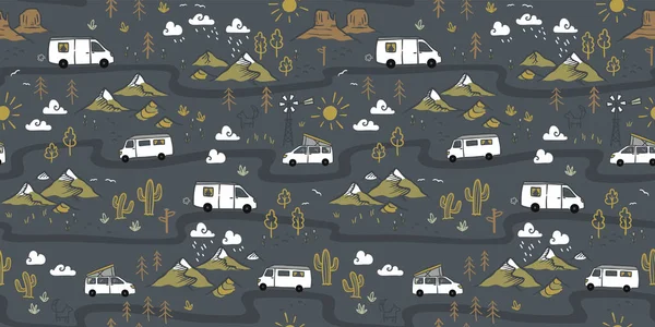 Road Trip Seamless Pattern Doodle Camper Vans Vanlife Adventure Great — Image vectorielle
