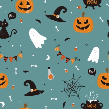 Kediler, şapkalar, yarasalar ve dekorasyonla cadılar bayramı kusursuz desenli eğlenceli bir el çizimi - tekstil, afişler, duvar kağıtları, ambalaj - vektör tasarımı -