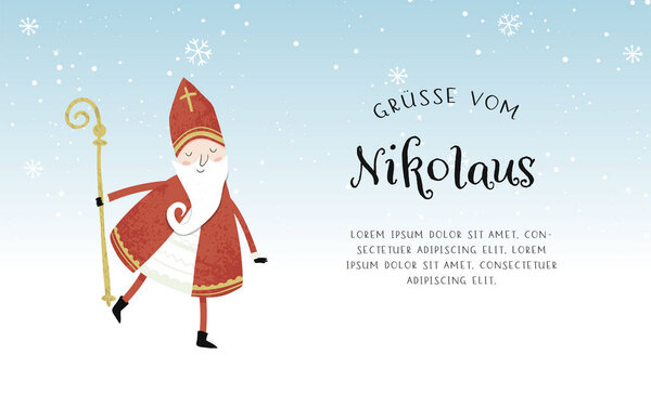 Lovely drawn Nikolaus character, , text in german saying "Greetings from Nikolaus" - great for invitations, banners, wallpapers, cards - vector design