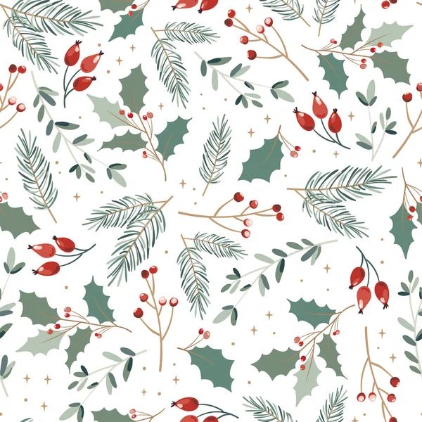 Прекрасный Ручной Рисунок Рождество Бесшовный Узор Милая Зелень Цветы Ягоды — стоковый вектор
