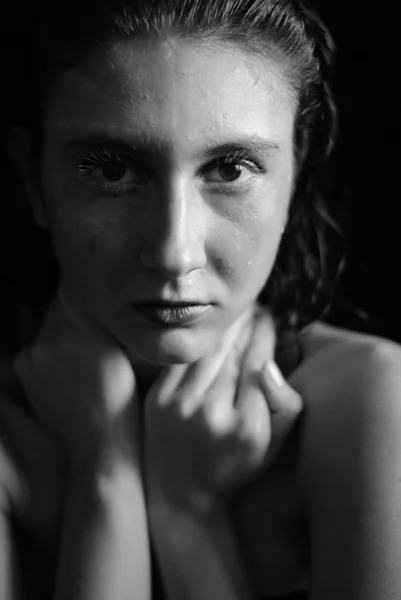 Close up portrait girl in black and white — Stock Photo, Image