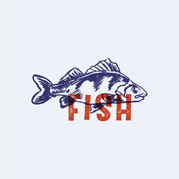 Desain Maskot Gambar Tangan Label Ikan - Stok Vektor