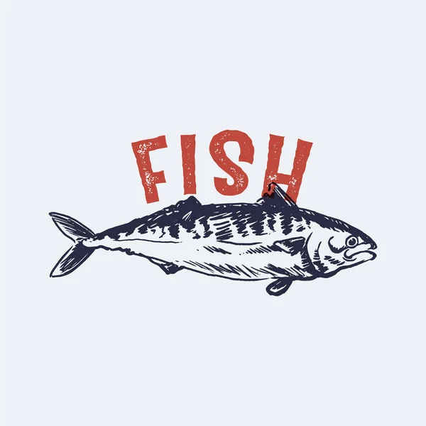 Desain Maskot Gambar Tangan Label Ikan - Stok Vektor