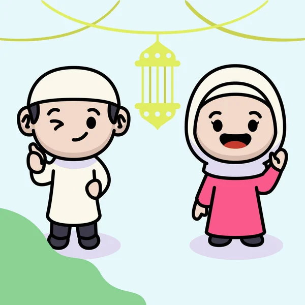 Ramadan Kareem Kartu Desain Maskot Lucu - Stok Vektor