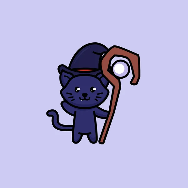 Cute Witch Sorcerer Cat Mascot Design — Stock Vector