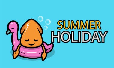 Plajdaki yaz tatili afişinde şirin kalamar.