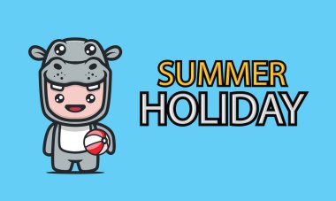 Şeker Hippo çocukları ellerinde balo yaz tatili afişi tutuyorlar.