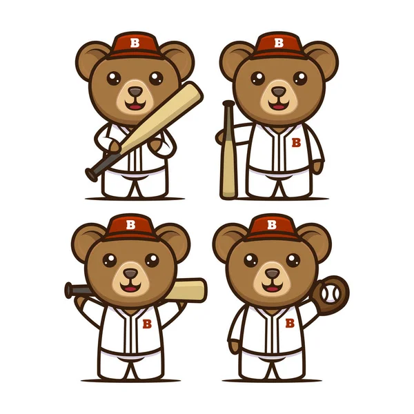 Cute Niedźwiedź Baseball Maskotka Projekt Ilustracja Wektor Szablon Zestaw — Wektor stockowy