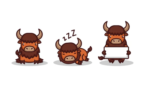 Set Von Niedlichen Baby Bisons Chibi — Stockvektor