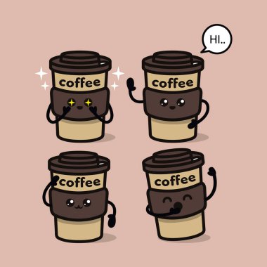 Bir kawaii seti şirin kahve fincanı maskot tasarımı çizimi