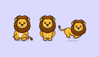 Çeşitli poz şablonu olan şirin bebek aslan maskotu tasarımı