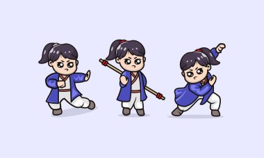 Bir grup sevimli kung fu kız maskotu tasarım çizimi çizim vektör şablonu