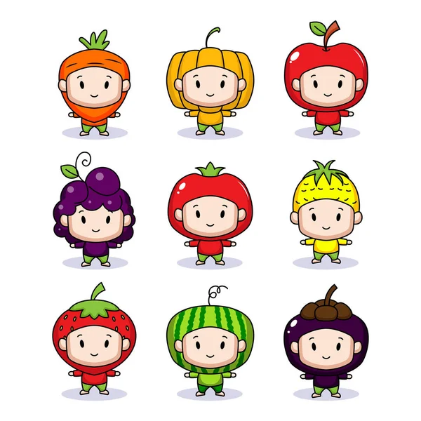 一组有水果服装插图的可爱孩子 — 图库矢量图片
