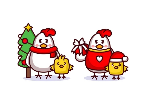 Ensemble Poussin Poule Mignonne Avec Costume Noël — Image vectorielle