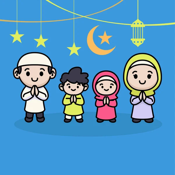 Cute Family Muslim Greeting Ramadhan Kareem Illustration — Stock Vector