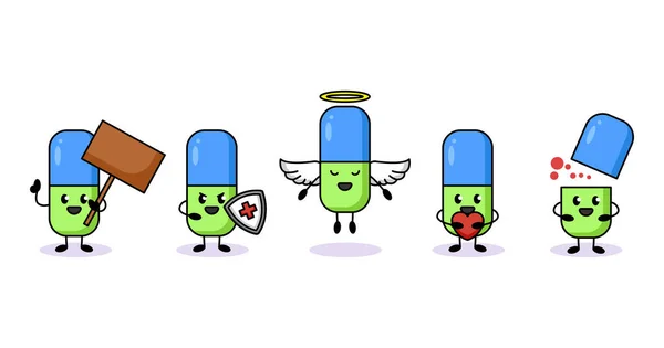 一套可爱胶囊药丸健康吉祥物设计 — 图库矢量图片