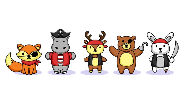 Set Cute Animals Pirate Costume Mascot Design — Stock Vector