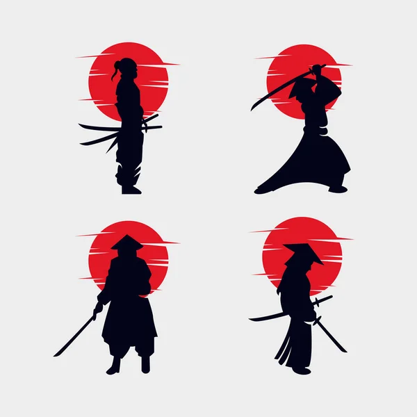 Conjunto Design Silhueta Logotipo Samurai — Vetor de Stock