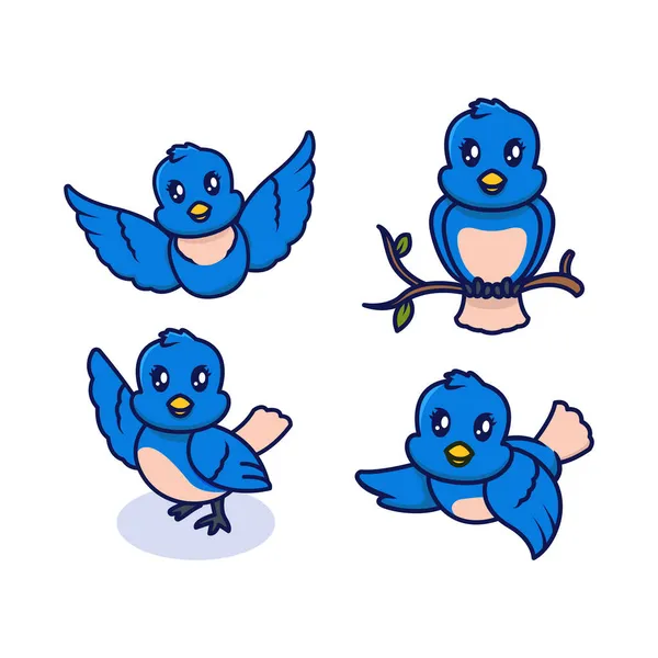 Conjunto Lindos Pájaros Azules Mascota Logotipo Diseño Ilustración — Archivo Imágenes Vectoriales