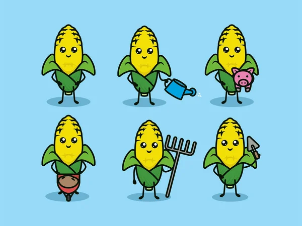 一套漂亮的玉米吉祥物 带有农家姿势设计 — 图库矢量图片