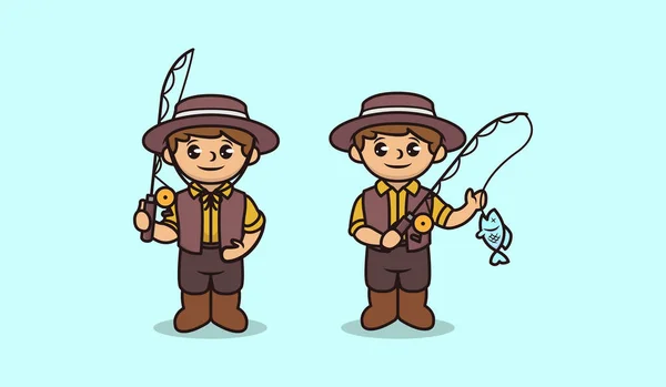 Set Kids Fisherman Costume Mascot Design — Stock Vector