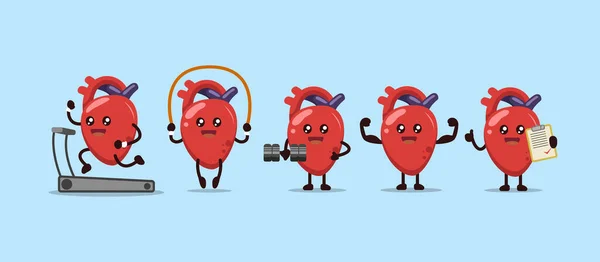 Set Cute Healthy Exercise Heart Organ Mascot Design — Stock Vector