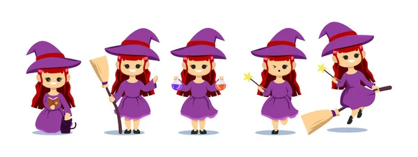 かわいいですかわいいですハロウィン女の子十代の魔女の衣装マスコットデザインイラストのセット — ストックベクタ