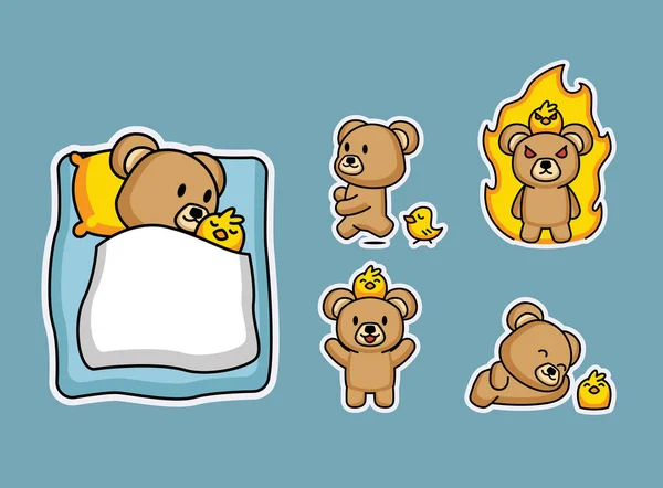 一套可爱的泰迪熊和小鸡贴纸 — 图库矢量图片