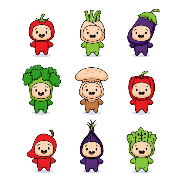 Set Von Niedlichen Kindern Mit Gemüsekostüm Illustration — Stockvektor