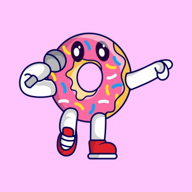 Cute donut mascot singing karaoke
