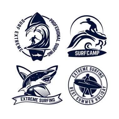 Vintage surfing emblem set, with shark, surfing board, and sea wave