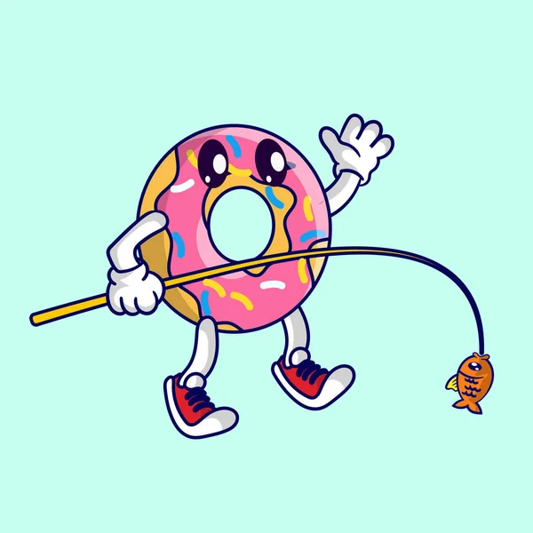 Cute Donut Mascot Fising Fish - Stok Vektor