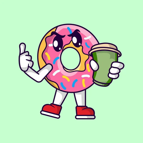 Cute Donut Mascot Holding Coffee — Stok Vektör