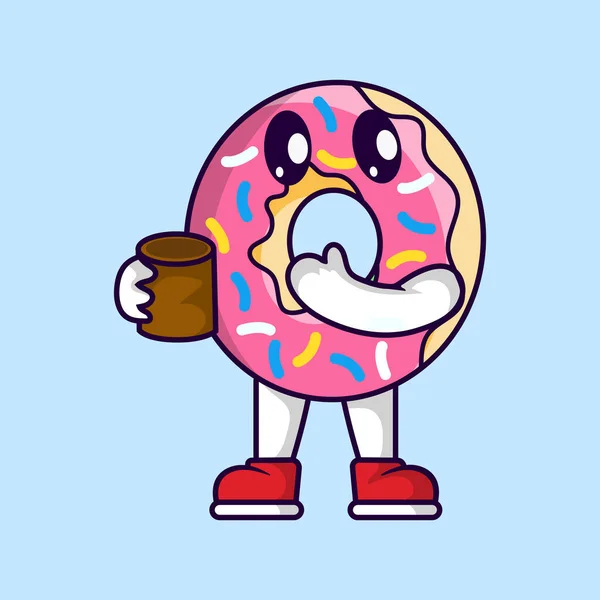 Cute Donut Mascot Holding Tea Cup - Stok Vektor