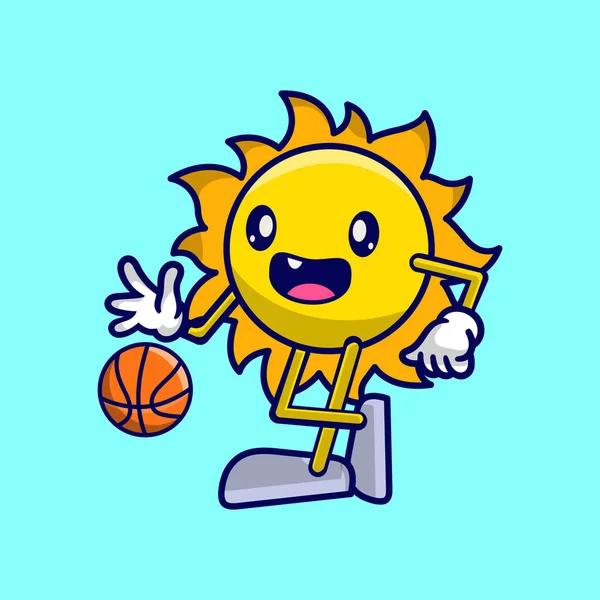 Cute Sun Cartoon Playing Basketball Grafik Vektor